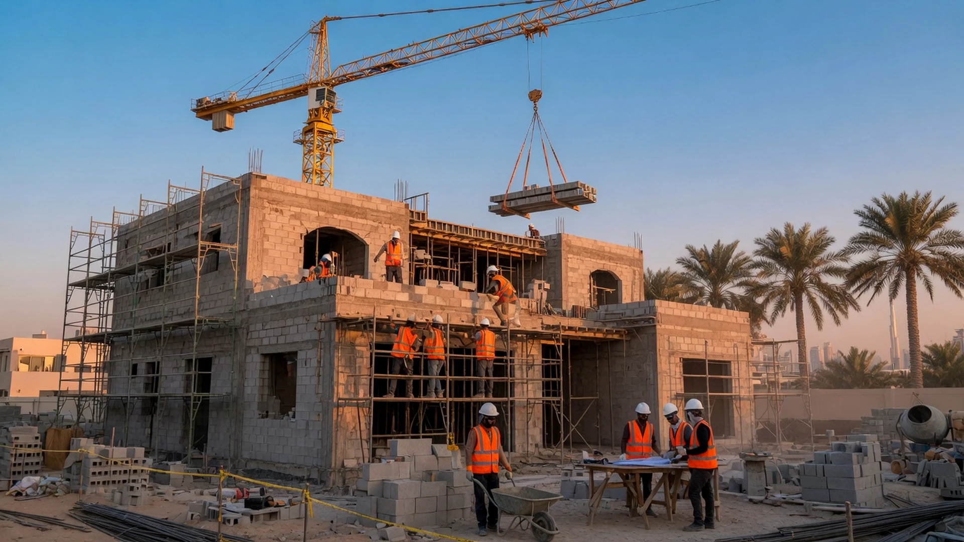 Villa construction UAE — crane and workers on active build site