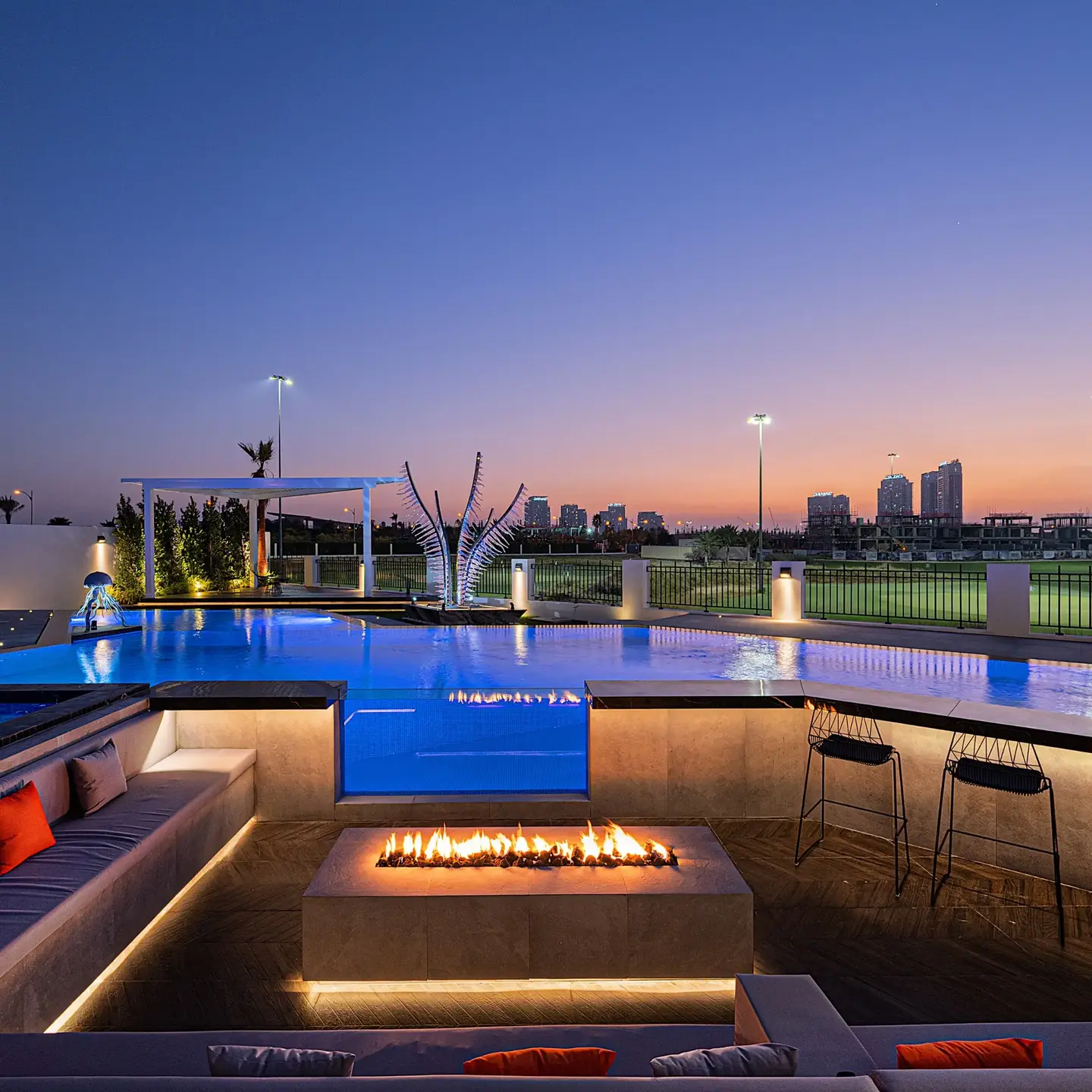 Pool — Linear Fire Pit With Modern Re, Landscaping Dubai villa