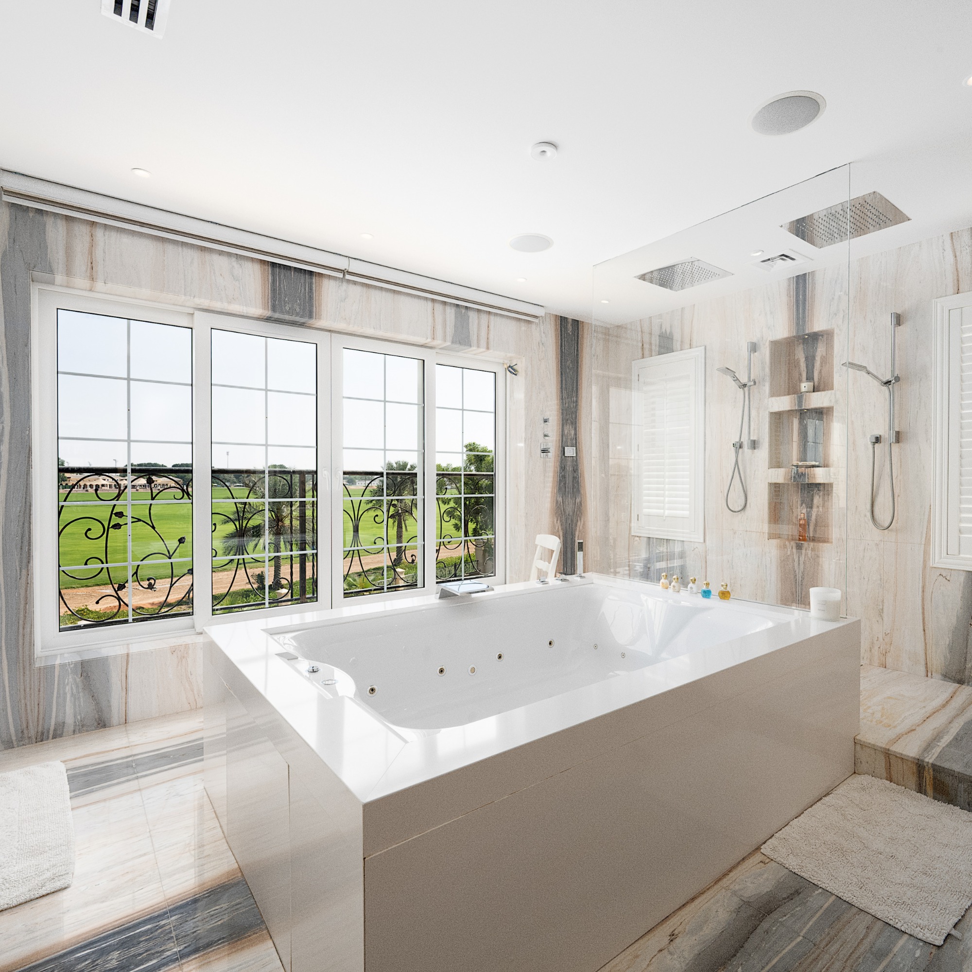 Floating wooden vanity unit in modern bathroom