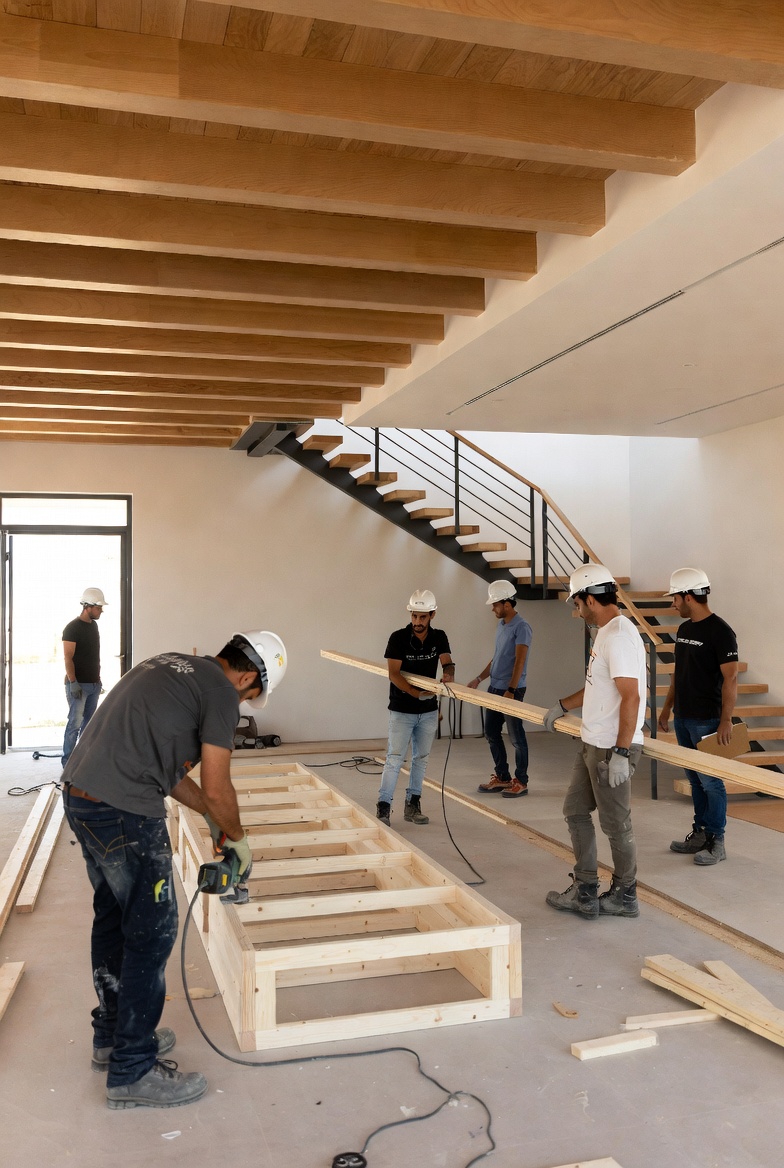 Carpentry team assembling custom timber beams
