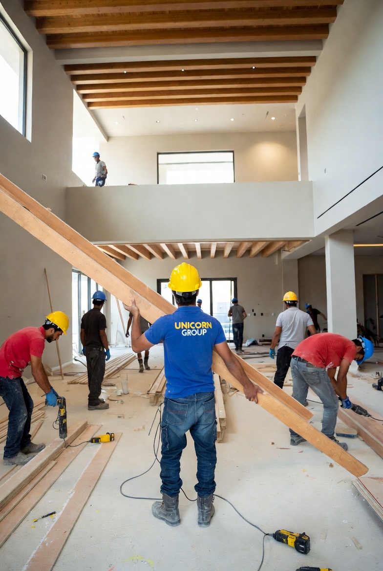 Unicorn Group team directing timber flooring installation in luxury Dubai villa