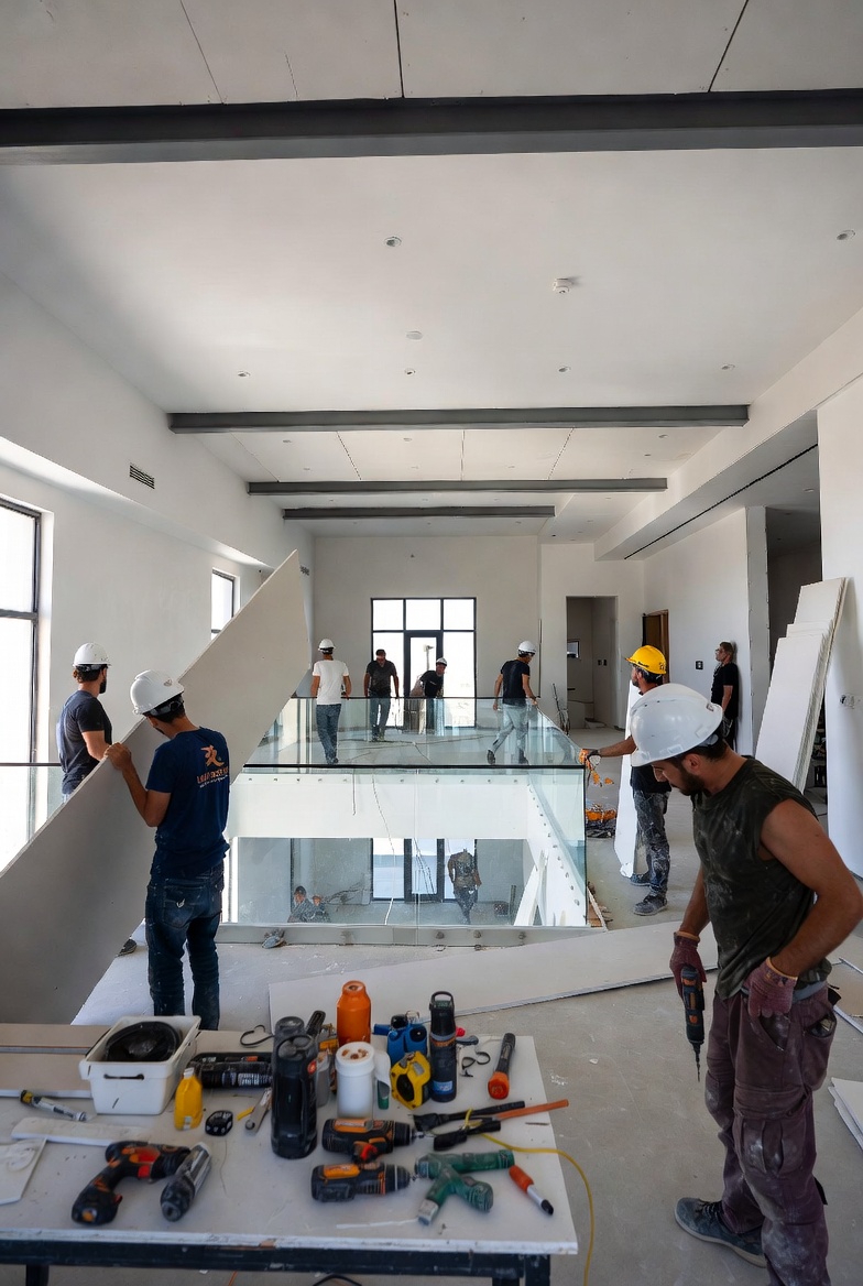 In-house glass team installing balustrade on villa mezzanine