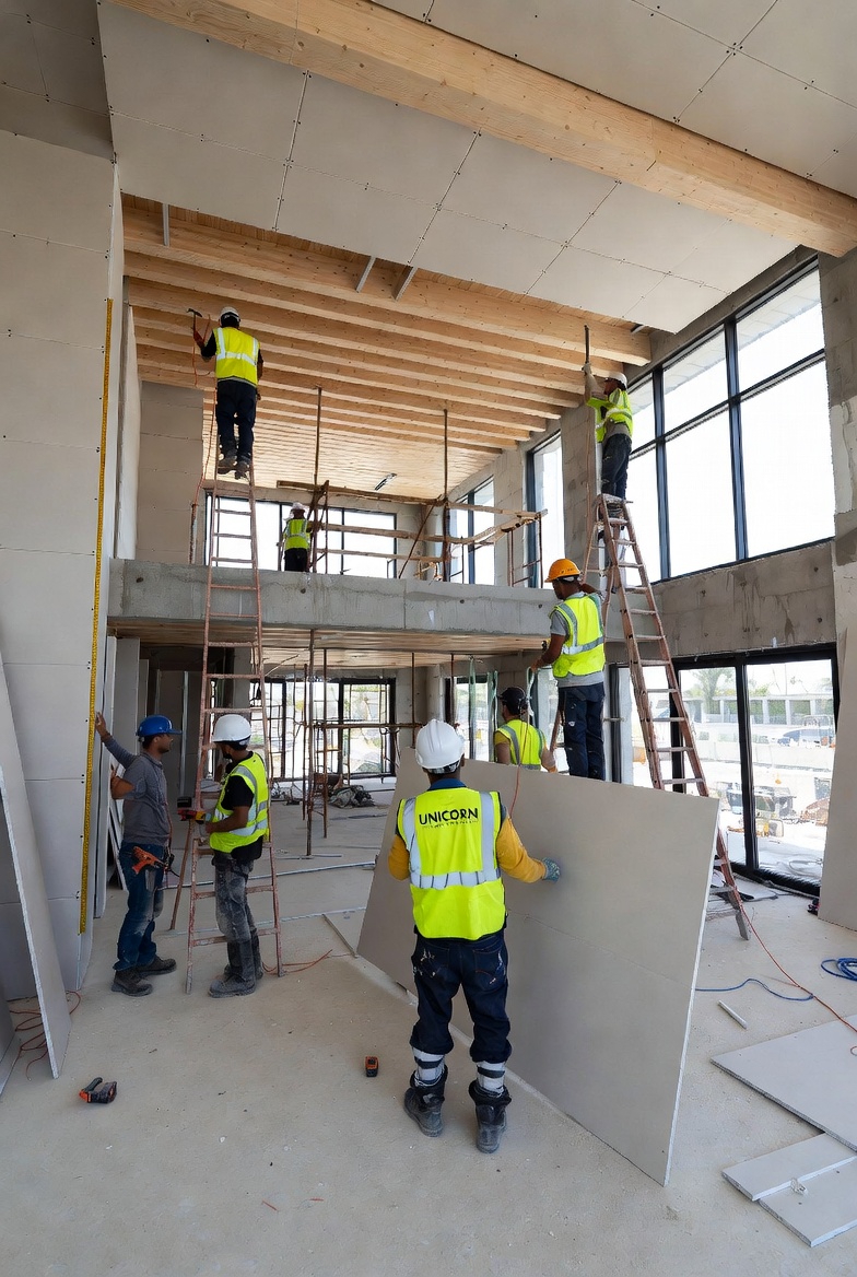 Drywall installation at height with branded safety vests
